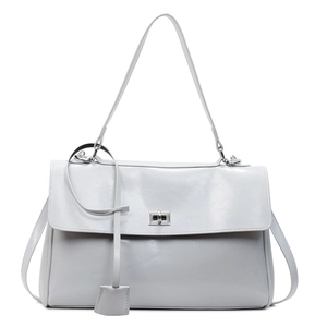 Minimalist light grey leather tote bag with silver twist lock and tassel detail