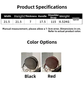 Size chart for round rivet crossbody bag showing dimensions in cm and product weight