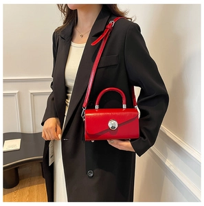 Close-up of red structured mini box bag with silver round clasp and smooth glossy finish