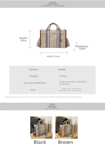 Tableau des tailles détaillé pour le sac cabas en toile rayée avec dimensions et options