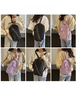 Multiple views showing the black and lilac nylon crossbody bags worn by a model in soft lighting