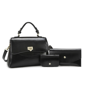 Schwarzes 3-teiliges Set mit Handtasche, Clutch und Geldbörse aus glattem Kunstleder