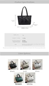 Quilted puffer tote bag size chart and multi-color options display with PU fabric details