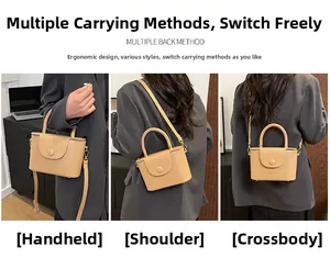 Three-way carry modes of beige leather box bag showing handheld, shoulder and crossbody use