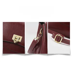 Detailsicht der weinroten Ledertasche mit goldenem Schloss und Metall-D-Ringen