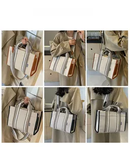 Detailed views of the canvas tote bag showing top handles and adjustable shoulder strap