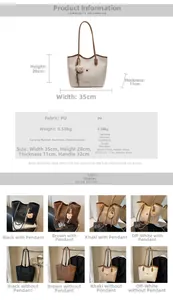 Size chart showing large tote bag dimensions 35x28x11cm with PU fabric specifications