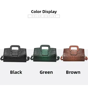 Three crocodile texture tote bags displayed in black, dark green, and brown colors