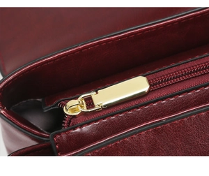 Detailed macro view of gold-tone metal zipper and dark red leather interior compartment