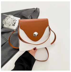Detail of trendy color-block crossbody bag featuring brown leather flap and silver buckle