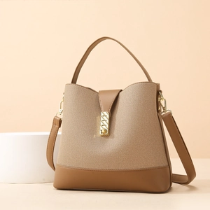 Woven Fabric PU Leather Splicing Bucket Bag With Gold Hardware Crossbody Shoulder Handbag For Women Versatile Daily Wear