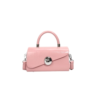 Pink patent leather box bag with silver spherical buckle and circular top handle