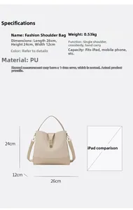 Detailed size specifications of beige PU leather shoulder bag with iPad capacity reference