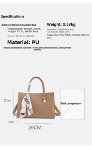 Sac à main en PU marron 26x17x9cm montrant les modes de portage et détails de capacité