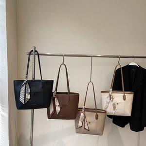 Women Large Capacity PU Leather Tote Bag Minimalist Shoulder Handbag With Satin Scarf Decor Front Pocket Zipper Commuting