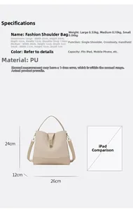 Size chart showing dimensions for large and medium bucket bags with iPad size comparison