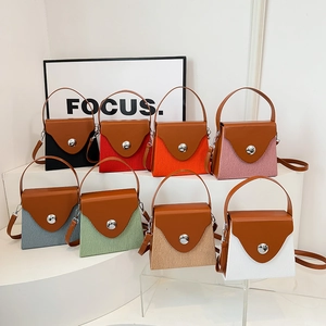 Color Block Crossbody Bag PU Leather Fabric Large Round Buckle Trapezoid Handheld Shoulder Purse Fashion Women