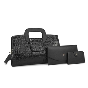 Detailed set of black crocodile embossed handbag with matching wallet and card holder