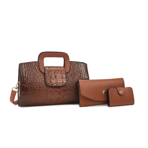 Detailed view of 3-piece brown crocodile pattern handbag set with golden hardware
