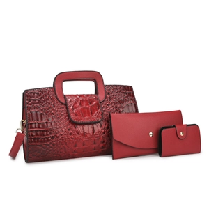 Three-piece red handbag set with crocodile and litchi textures and golden hardware