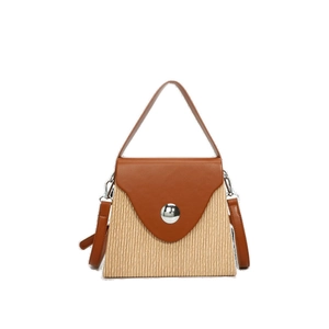 Chic two-tone bucket bag featuring beige woven texture and brown leather trim detailing