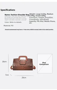 Detailed size specifications for women crocodile pattern handbag showing dimensions and weight