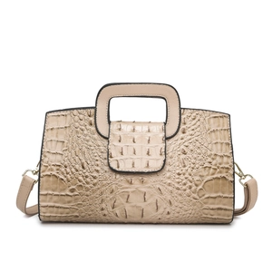 Minimalist beige crocodile pattern tote bag with square cutout handle and shoulder strap