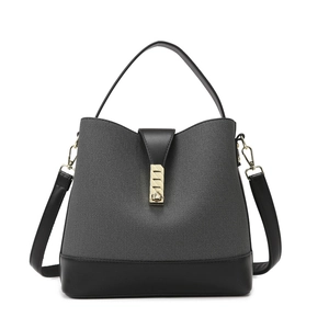 Gray woven bucket bag with black leather trim and golden metal clasp in front view