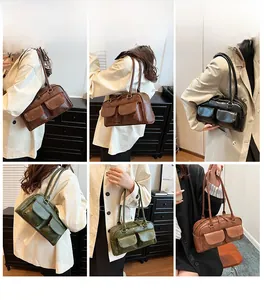 Detail view of retro oil wax leather handbags in black, coffee, brown, and green colors
