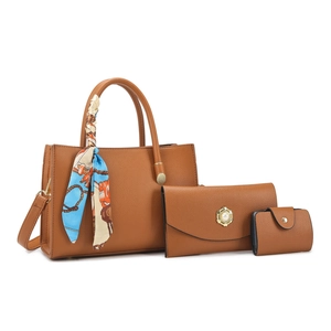 Three-piece caramel tote bag set with patterned scarf and pearl envelope clutch