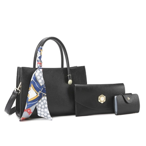 Three-piece black tote bag set including wallet and pouch with litchi texture and silk scarf