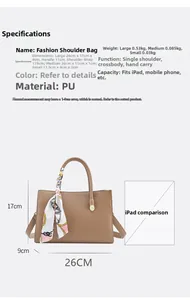 Brown litchi texture PU tote bag detail showing size options with printed silk scarf handle