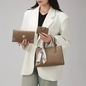 Brown faux leather 3-piece bag set with tote, pearl floral wallet and silk scarf detail