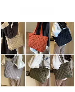 Collage of quilted nylon tote bags in beige, orange, black, grey and green colors