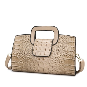 Khaki shoulder bag with crocodile pattern texture and square cutout handle