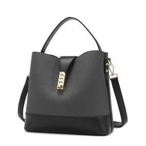 Three-piece women bag set with grey textured fabric and black leather trim in 45-degree view