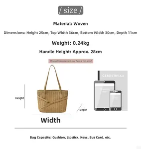 Detailed size specifications of the striped woven tote bag with dimension measurements