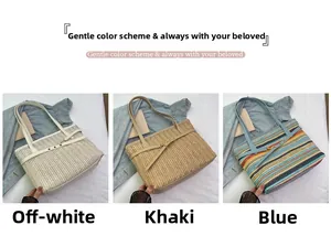 Detailed grid view showing cream, khaki, and blue striped straw woven tote bags