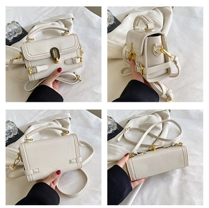 Detailed multi-angle view of beige embossed leather handbag with gold hardware and strap