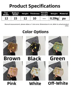 Detailed size specifications and six color variants of the croc-pattern bucket bag