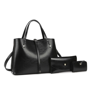 Three-piece black glossy tote bag set including a large handbag, clutch, and card holder