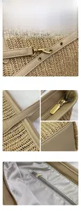 Detailed views of striped straw woven tote bag featuring leather handles and metal hardware