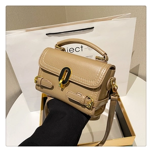 Detail of khaki pebbled leather handbag with gold metal clasp in elegant gift packaging