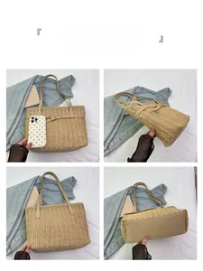 Multi-angle views of large woven straw tote with leather trim and spacious interior