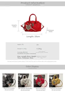 Detailed size and specs for the heart-shaped Boston bag with beaded charm and dimensions