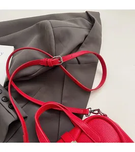 Detail of red pebble grain leather strap with silver buckle on a stylish pillow bag