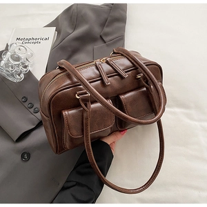 Vintage dark brown large capacity faux leather tote bag with front flap pockets