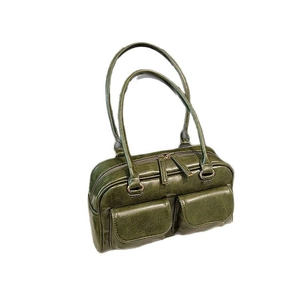 Vintage dark green large tote bag in oil-waxed PU leather with double handles