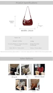 Detailed size specifications and color variants of the bow tie PU leather shoulder bag