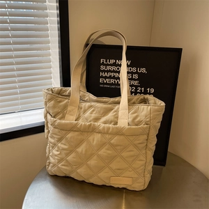 Minimalist beige quilted puffer tote bag with large capacity for women's daily commute